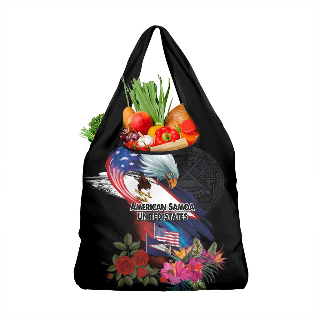 American Samoa and United States Together Grocery Bag National Flag with Eagle-Hibiscus and Rose LT03 1-pack One Size Black - Polynesian Pride