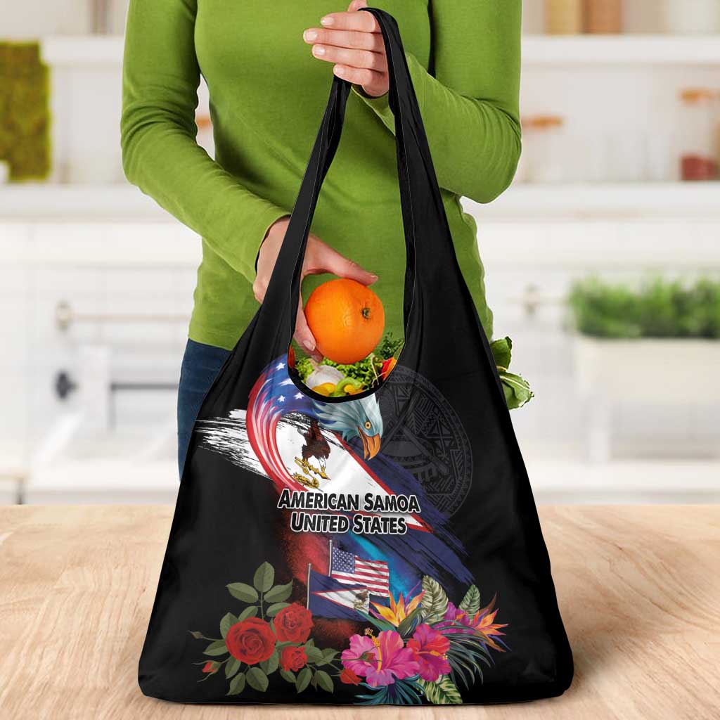 American Samoa and United States Together Grocery Bag National Flag with Eagle-Hibiscus and Rose