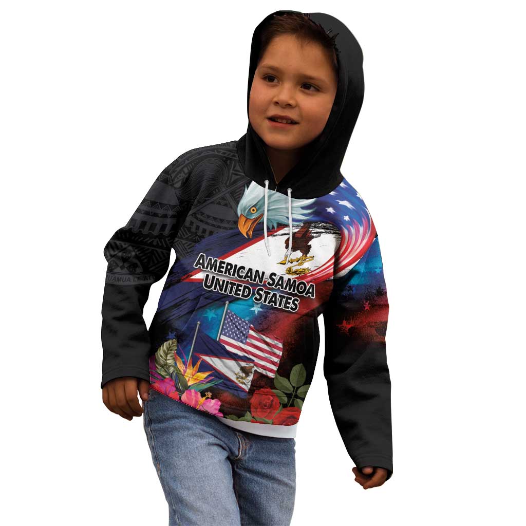 American Samoa and United States Together Kid Hoodie National Flag with Eagle-Hibiscus and Rose