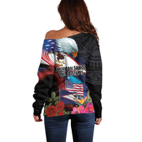 American Samoa and United States Together Off Shoulder Sweater National Flag with Eagle-Hibiscus and Rose