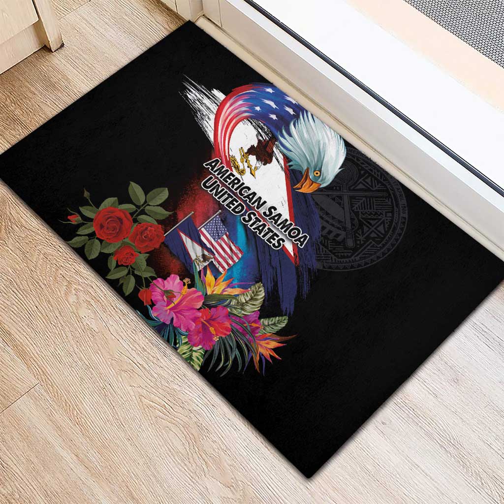 American Samoa and United States Together Rubber Doormat National Flag with Eagle-Hibiscus and Rose