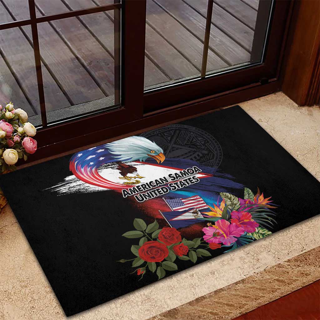 American Samoa and United States Together Rubber Doormat National Flag with Eagle-Hibiscus and Rose