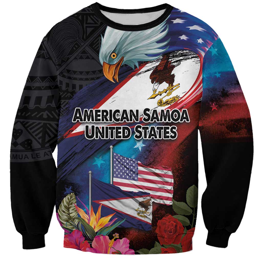 American Samoa and United States Together Sweatshirt National Flag with Eagle-Hibiscus and Rose
