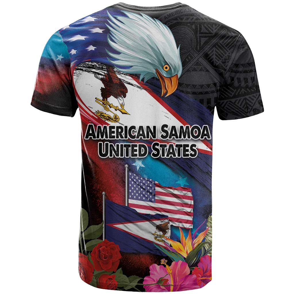 American Samoa and United States Together T Shirt National Flag with Eagle-Hibiscus and Rose
