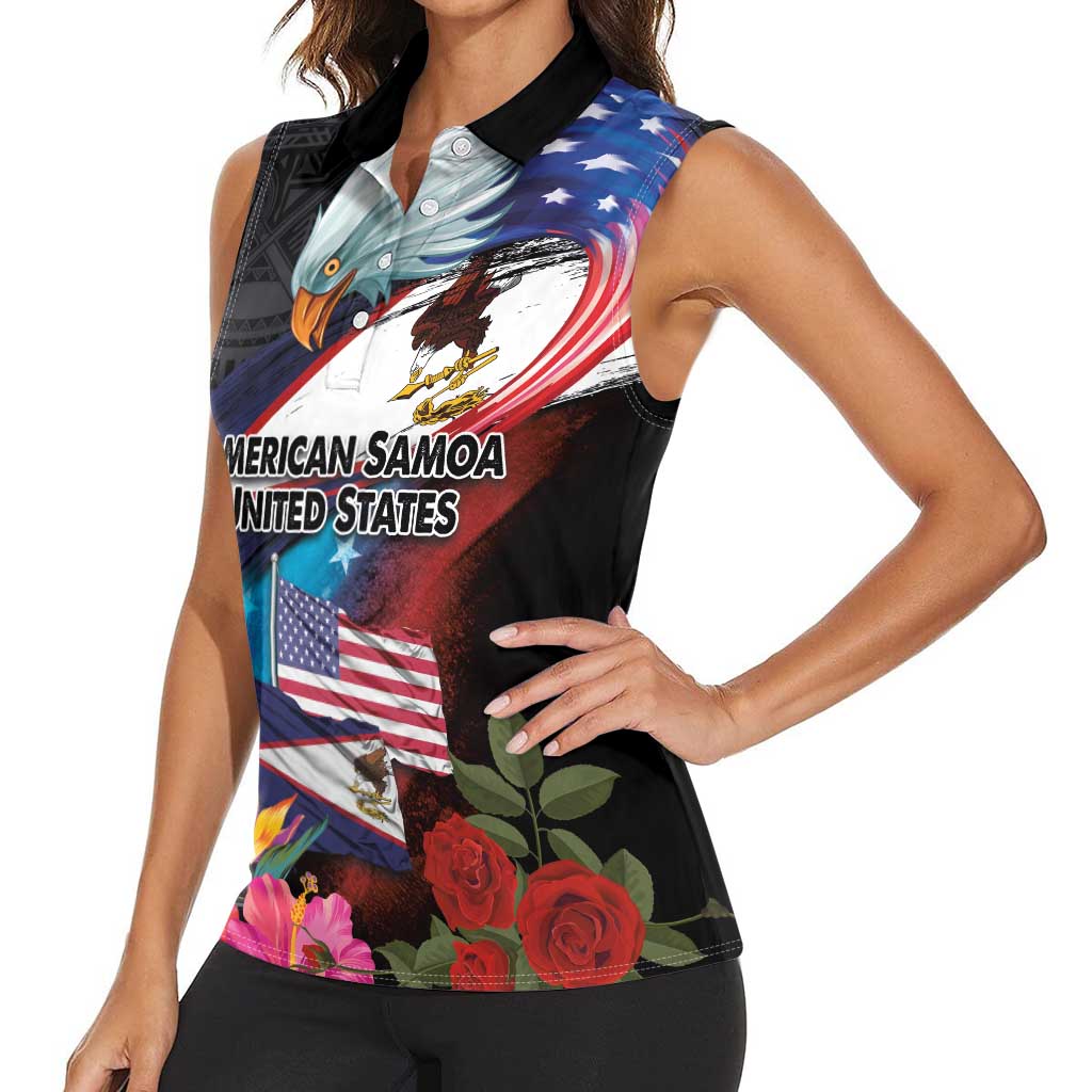American Samoa and United States Together Women Sleeveless Polo Shirt National Flag with Eagle-Hibiscus and Rose LT03 - Polynesian Pride