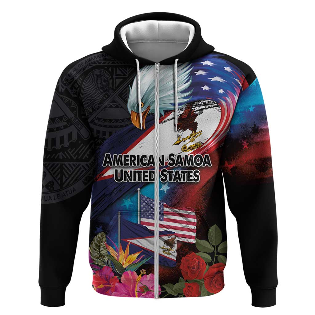 American Samoa and United States Together Zip Hoodie National Flag with Eagle-Hibiscus and Rose