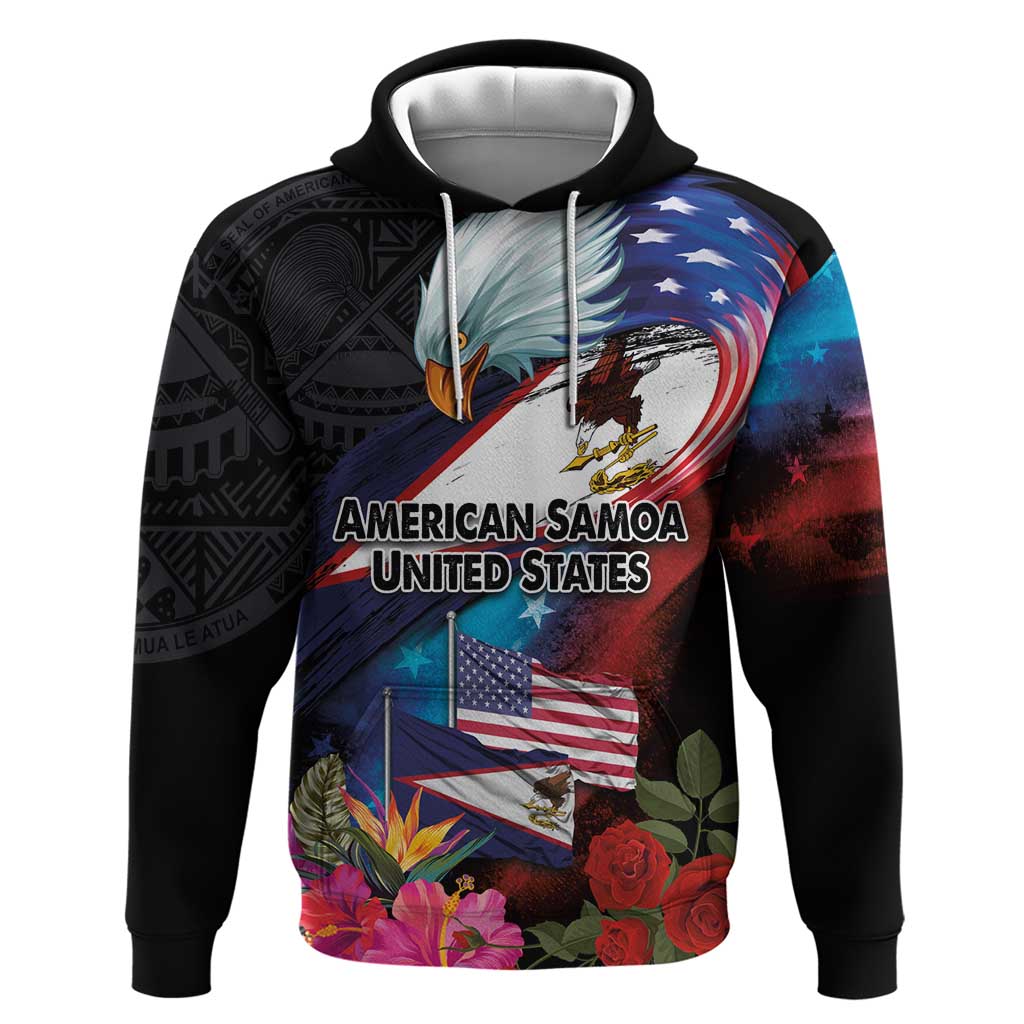 American Samoa and United States Together Zip Hoodie National Flag with Eagle-Hibiscus and Rose