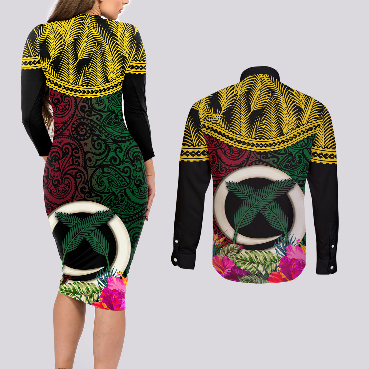 Vanuatu 44th Anniversary Independence Day Couples Matching Long Sleeve Bodycon Dress and Long Sleeve Button Shirt Boars Tusk and Namele Plant LT03