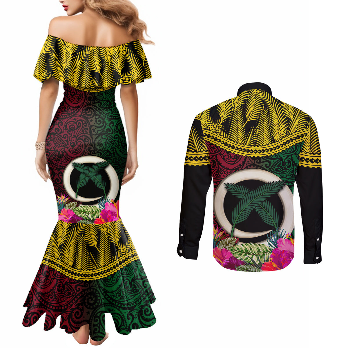 Vanuatu 44th Anniversary Independence Day Couples Matching Mermaid Dress and Long Sleeve Button Shirt Boars Tusk and Namele Plant LT03