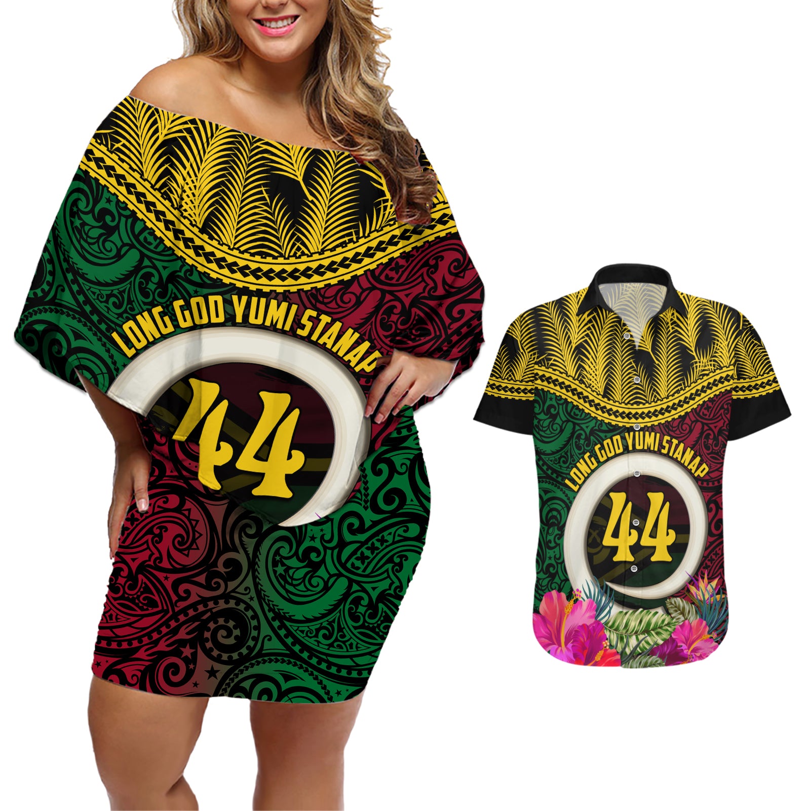 Vanuatu 44th Anniversary Independence Day Couples Matching Off Shoulder Short Dress and Hawaiian Shirt Boars Tusk and Namele Plant LT03