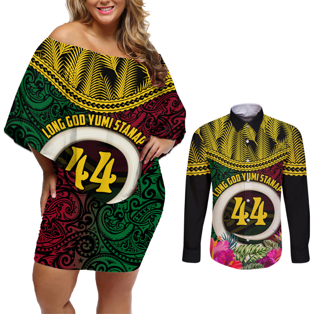 Vanuatu 44th Anniversary Independence Day Couples Matching Off Shoulder Short Dress and Long Sleeve Button Shirt Boars Tusk and Namele Plant LT03