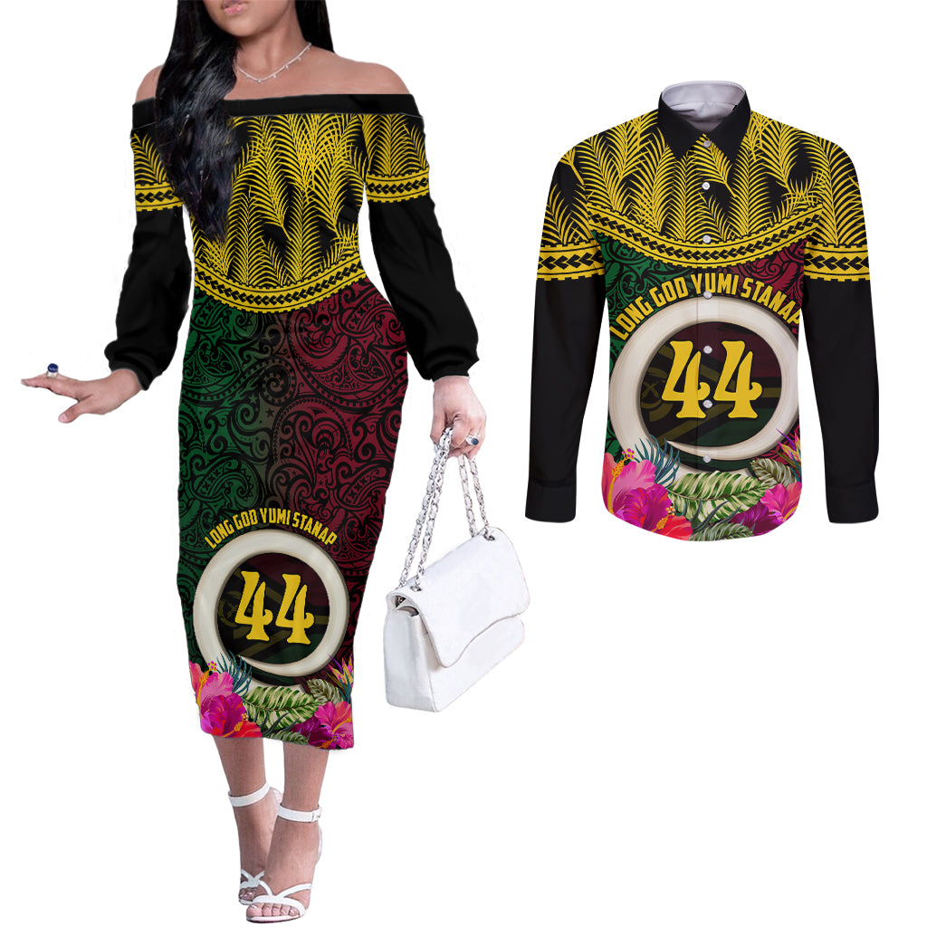 Vanuatu 44th Anniversary Independence Day Couples Matching Off The Shoulder Long Sleeve Dress and Long Sleeve Button Shirt Boars Tusk and Namele Plant LT03