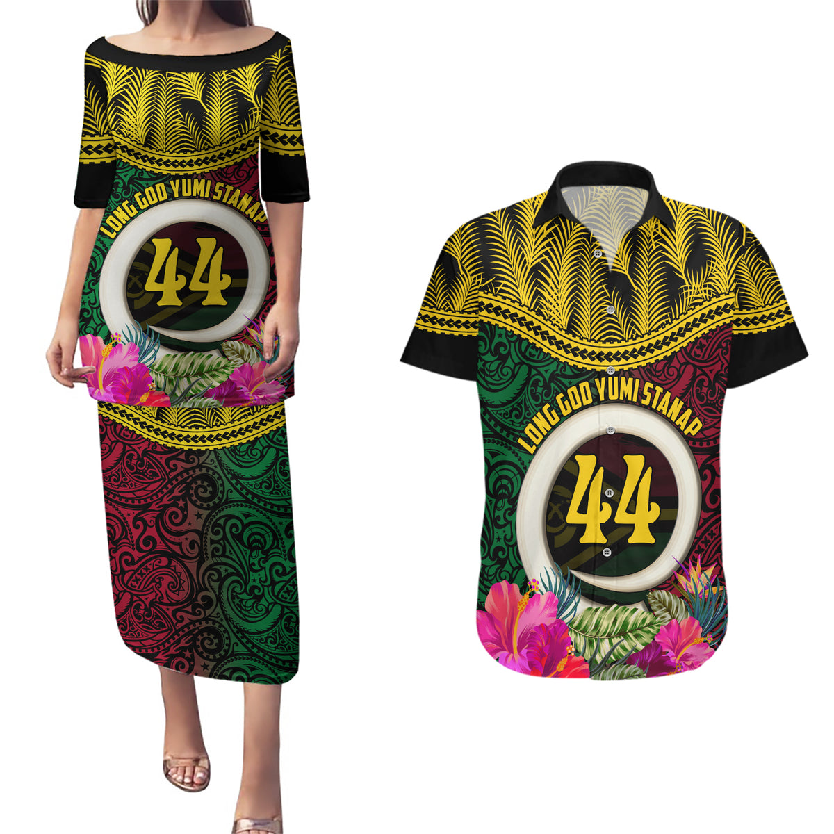 Vanuatu 44th Anniversary Independence Day Couples Matching Puletasi and Hawaiian Shirt Boars Tusk and Namele Plant LT03