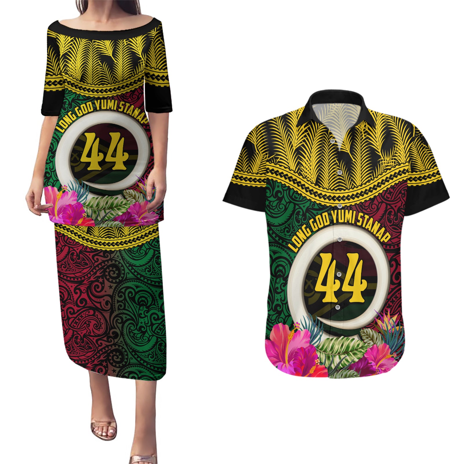 Vanuatu 44th Anniversary Independence Day Couples Matching Puletasi and Hawaiian Shirt Boars Tusk and Namele Plant LT03