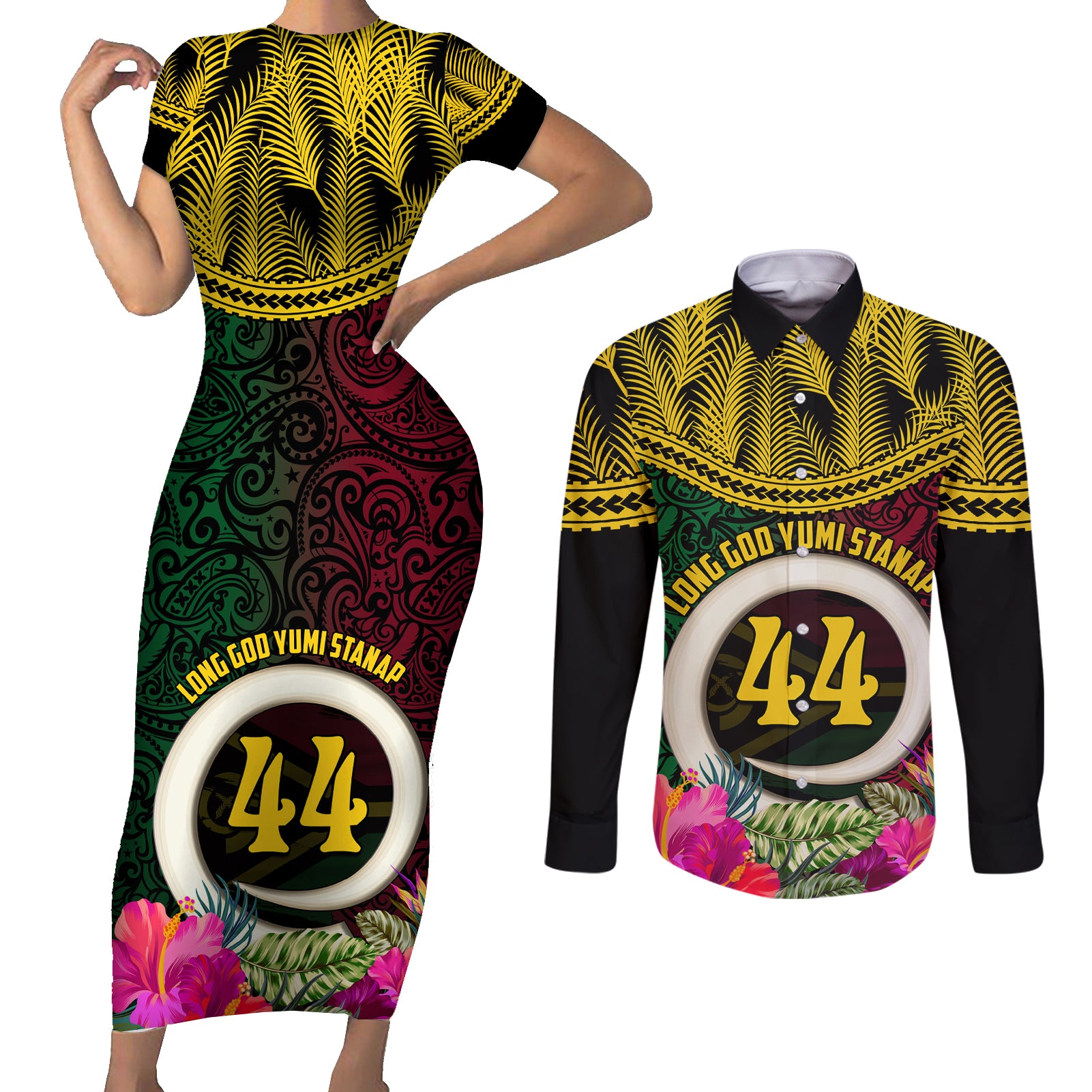 Vanuatu 44th Anniversary Independence Day Couples Matching Short Sleeve Bodycon Dress and Long Sleeve Button Shirt Boars Tusk and Namele Plant LT03
