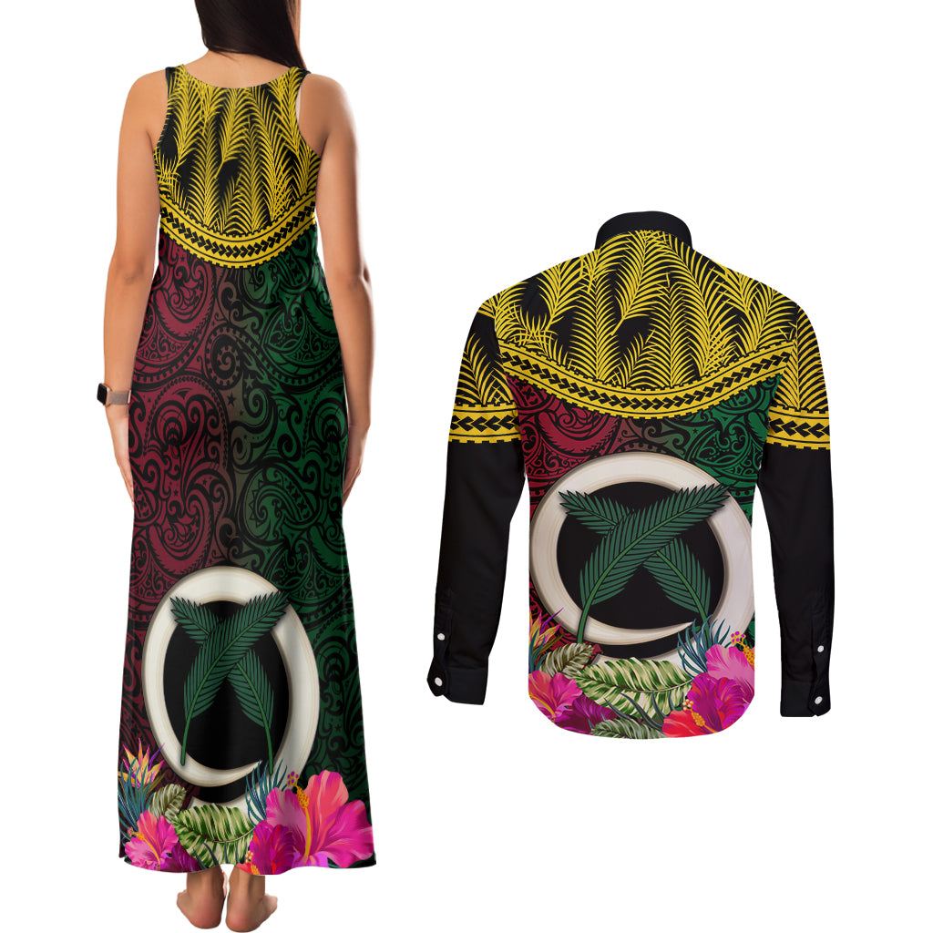 Vanuatu 44th Anniversary Independence Day Couples Matching Tank Maxi Dress and Long Sleeve Button Shirt Boars Tusk and Namele Plant LT03
