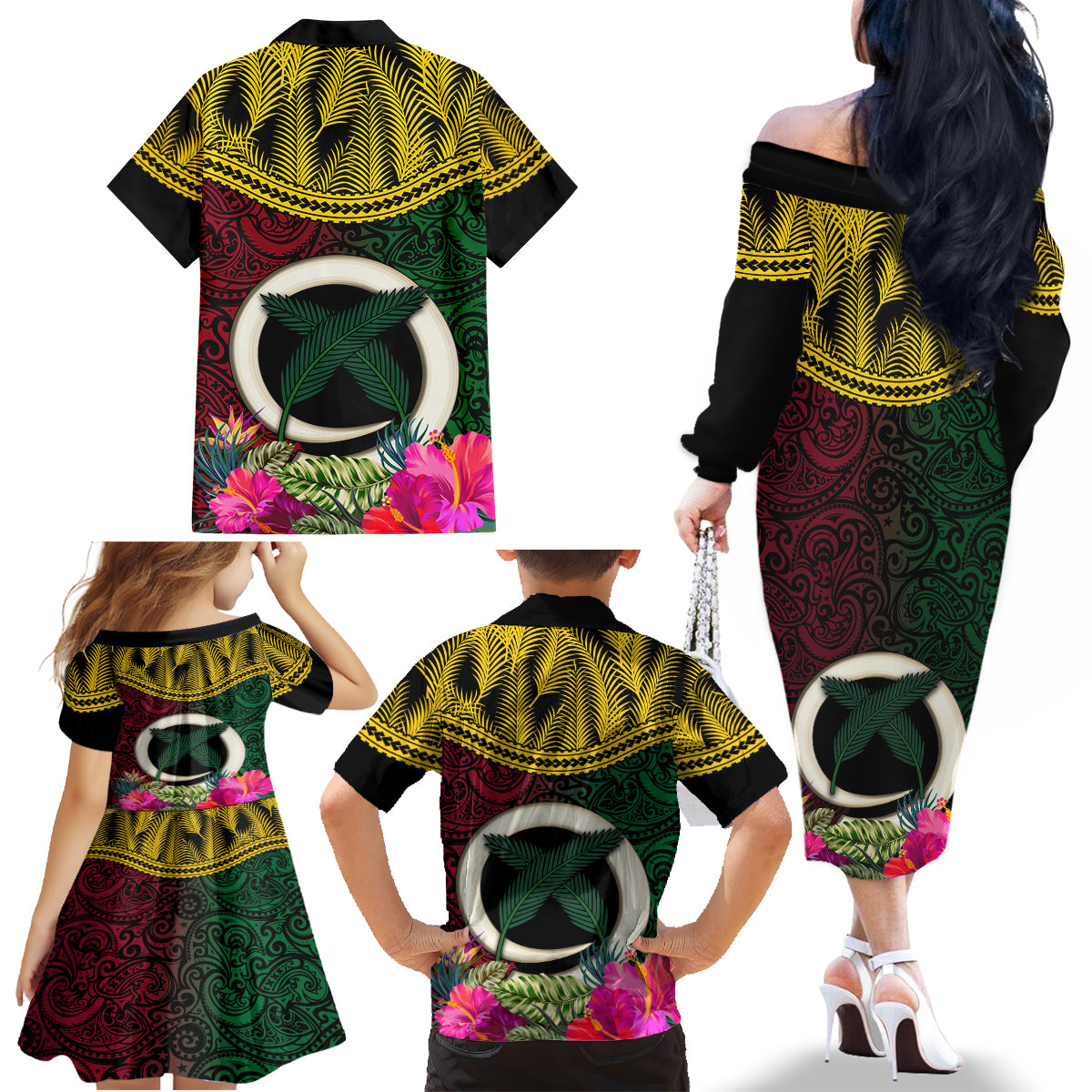 Vanuatu 44th Anniversary Independence Day Family Matching Off The Shoulder Long Sleeve Dress and Hawaiian Shirt Boars Tusk and Namele Plant LT03 - Polynesian Pride