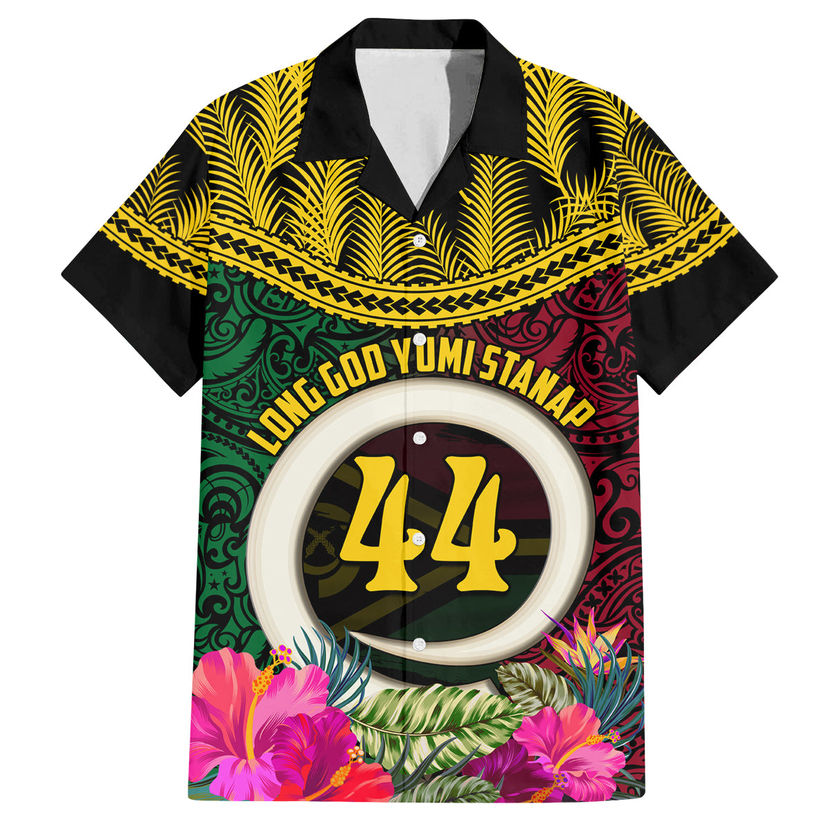 Vanuatu 44th Anniversary Independence Day Family Matching Off The Shoulder Long Sleeve Dress and Hawaiian Shirt Boars Tusk and Namele Plant LT03 Dad's Shirt - Short Sleeve Black - Polynesian Pride