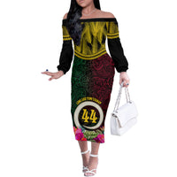 Vanuatu 44th Anniversary Independence Day Family Matching Off The Shoulder Long Sleeve Dress and Hawaiian Shirt Boars Tusk and Namele Plant LT03 Mom's Dress Black - Polynesian Pride