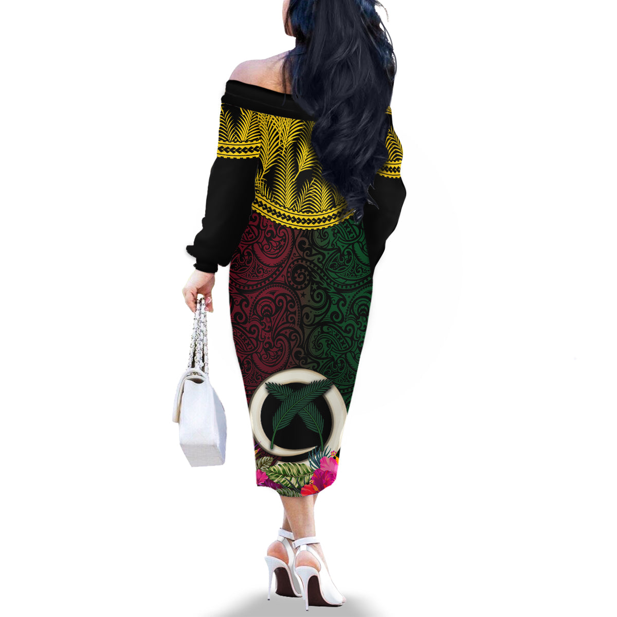 Vanuatu 44th Anniversary Independence Day Family Matching Off The Shoulder Long Sleeve Dress and Hawaiian Shirt Boars Tusk and Namele Plant LT03 - Polynesian Pride