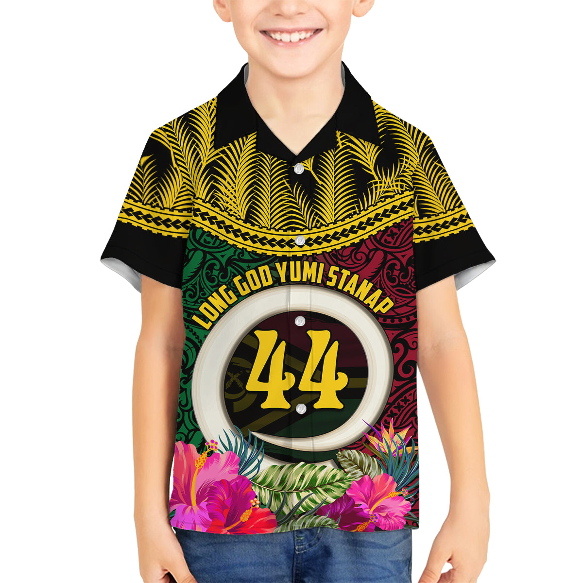 Vanuatu 44th Anniversary Independence Day Family Matching Off The Shoulder Long Sleeve Dress and Hawaiian Shirt Boars Tusk and Namele Plant LT03 Son's Shirt Black - Polynesian Pride