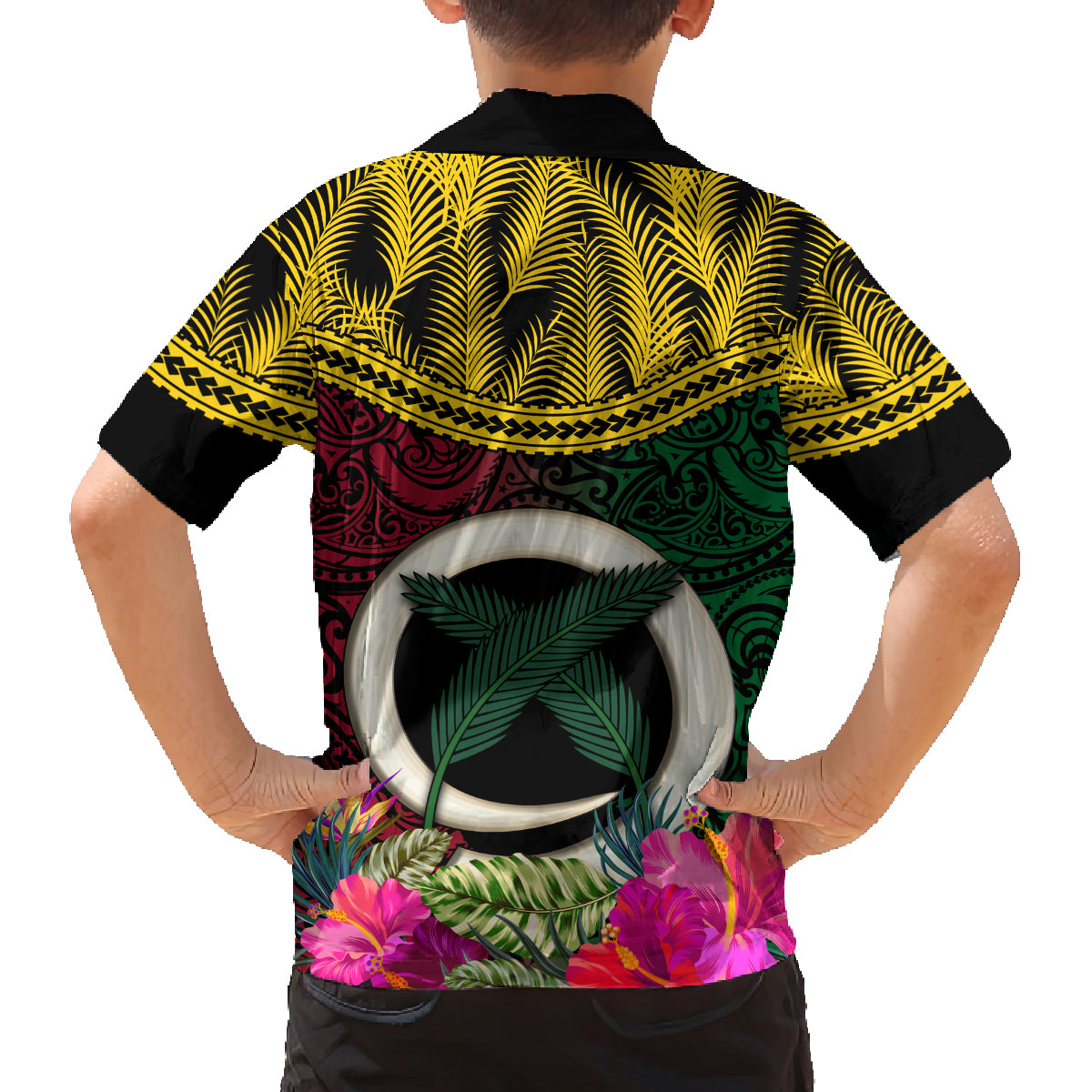 Vanuatu 44th Anniversary Independence Day Family Matching Off Shoulder Short Dress and Hawaiian Shirt Boars Tusk and Namele Plant LT03 - Polynesian Pride
