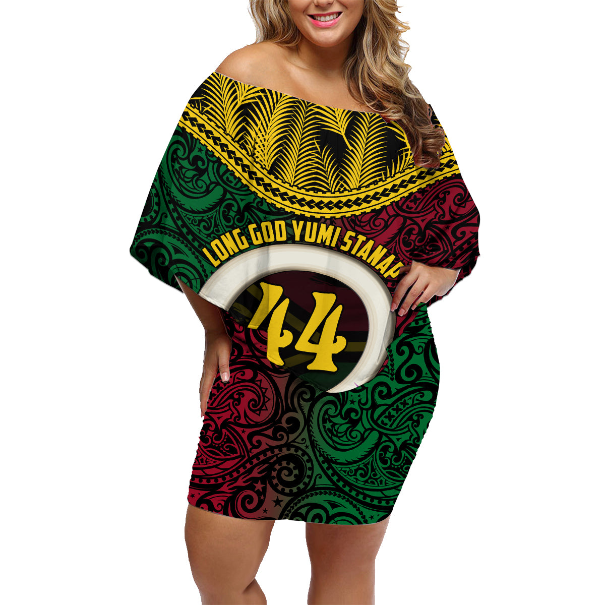 Vanuatu 44th Anniversary Independence Day Family Matching Off Shoulder Short Dress and Hawaiian Shirt Boars Tusk and Namele Plant LT03 Mom's Dress Black - Polynesian Pride