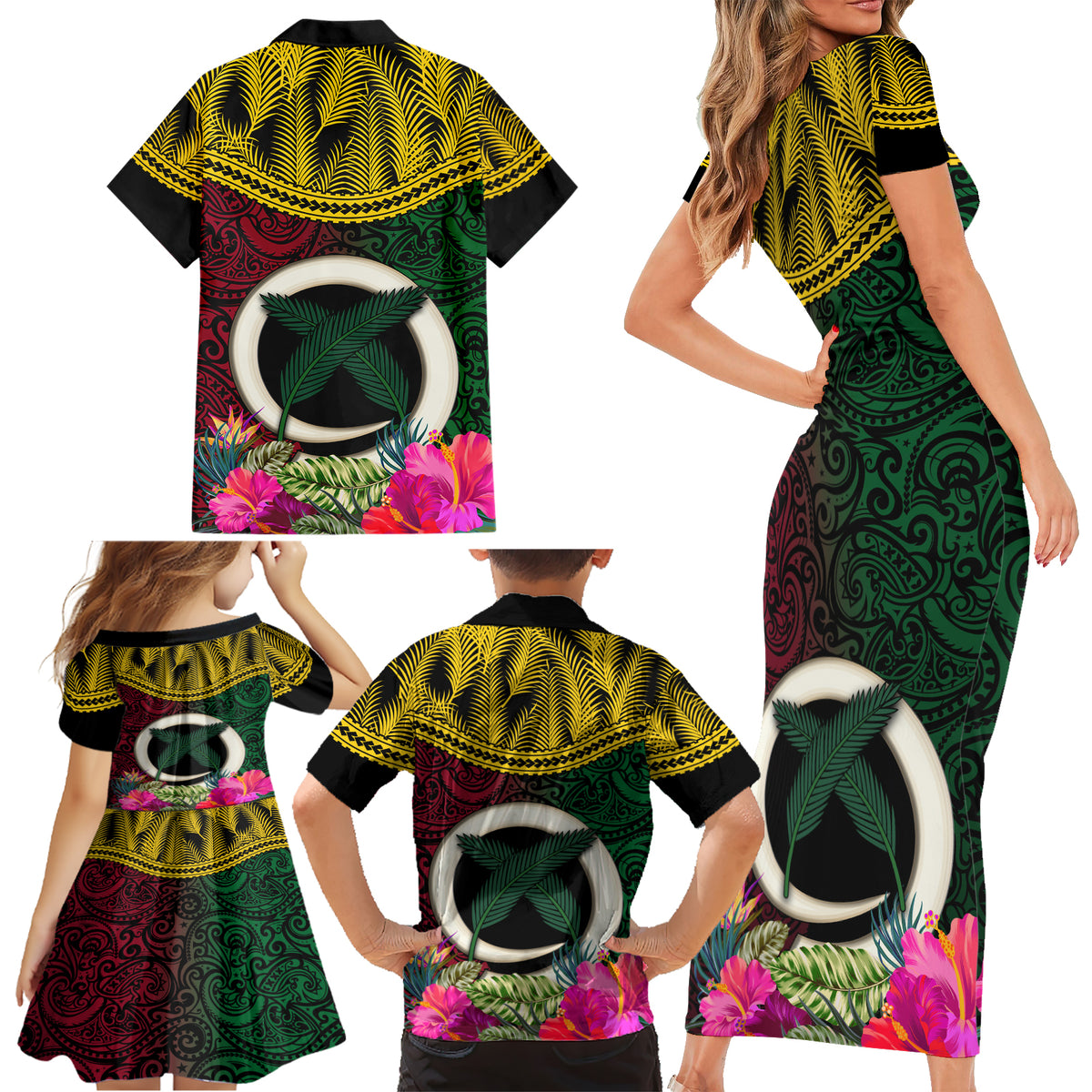 Vanuatu 44th Anniversary Independence Day Family Matching Short Sleeve Bodycon Dress and Hawaiian Shirt Boars Tusk and Namele Plant LT03