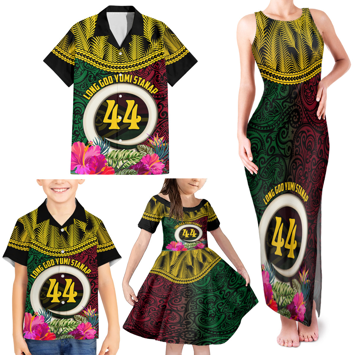 Vanuatu 44th Anniversary Independence Day Family Matching Tank Maxi Dress and Hawaiian Shirt Boars Tusk and Namele Plant LT03 - Polynesian Pride