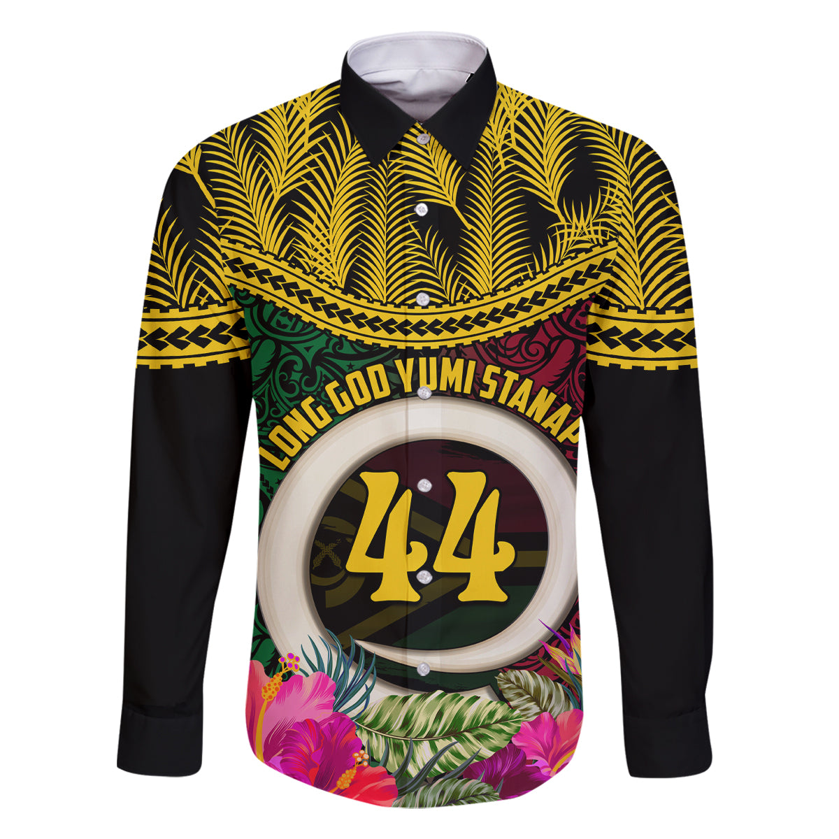 Vanuatu 44th Anniversary Independence Day Family Matching Tank Maxi Dress and Hawaiian Shirt Boars Tusk and Namele Plant LT03 Dad's Shirt - Long Sleeve Black - Polynesian Pride