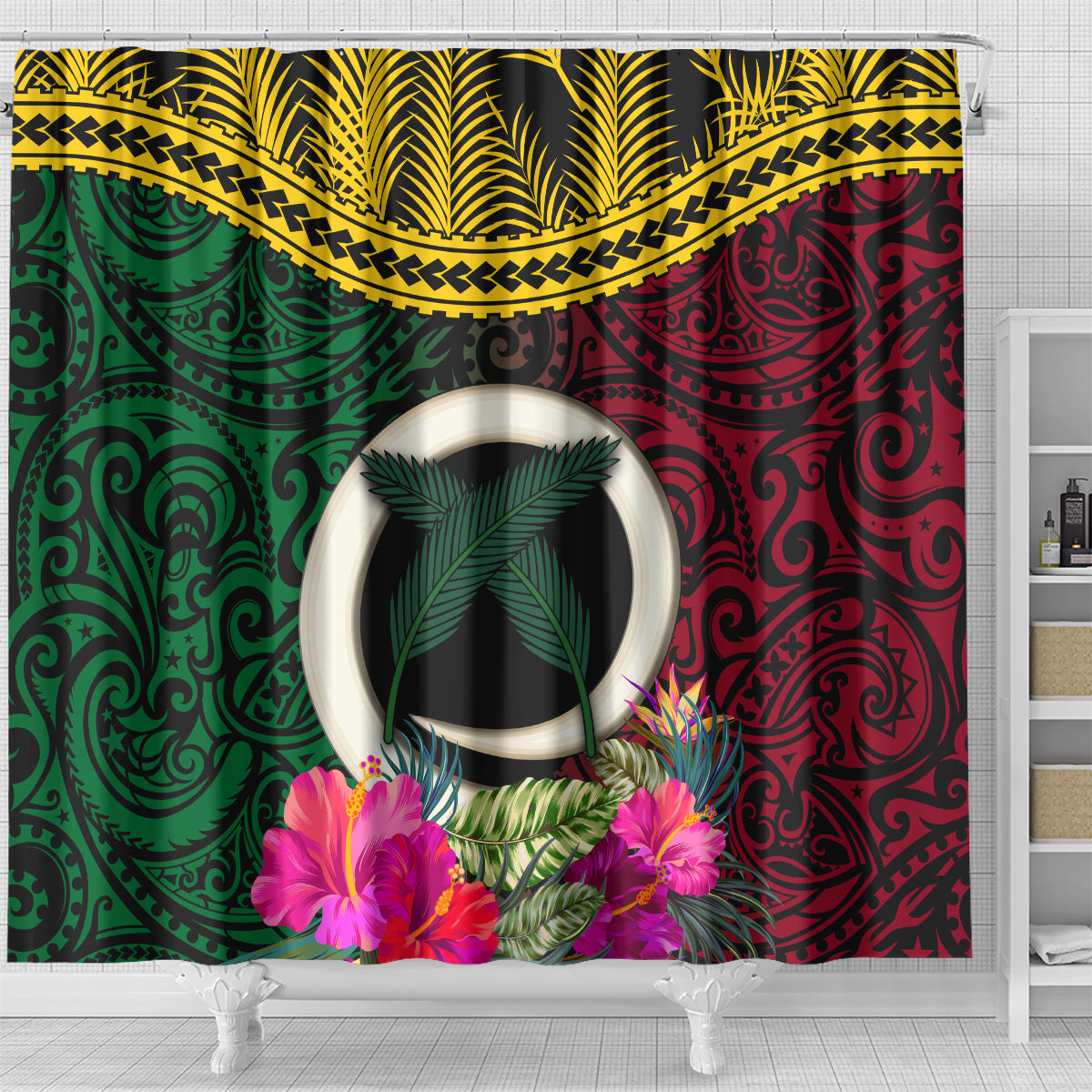 Vanuatu 44th Anniversary Independence Day Shower Curtain Boars Tusk and Namele Plant LT03