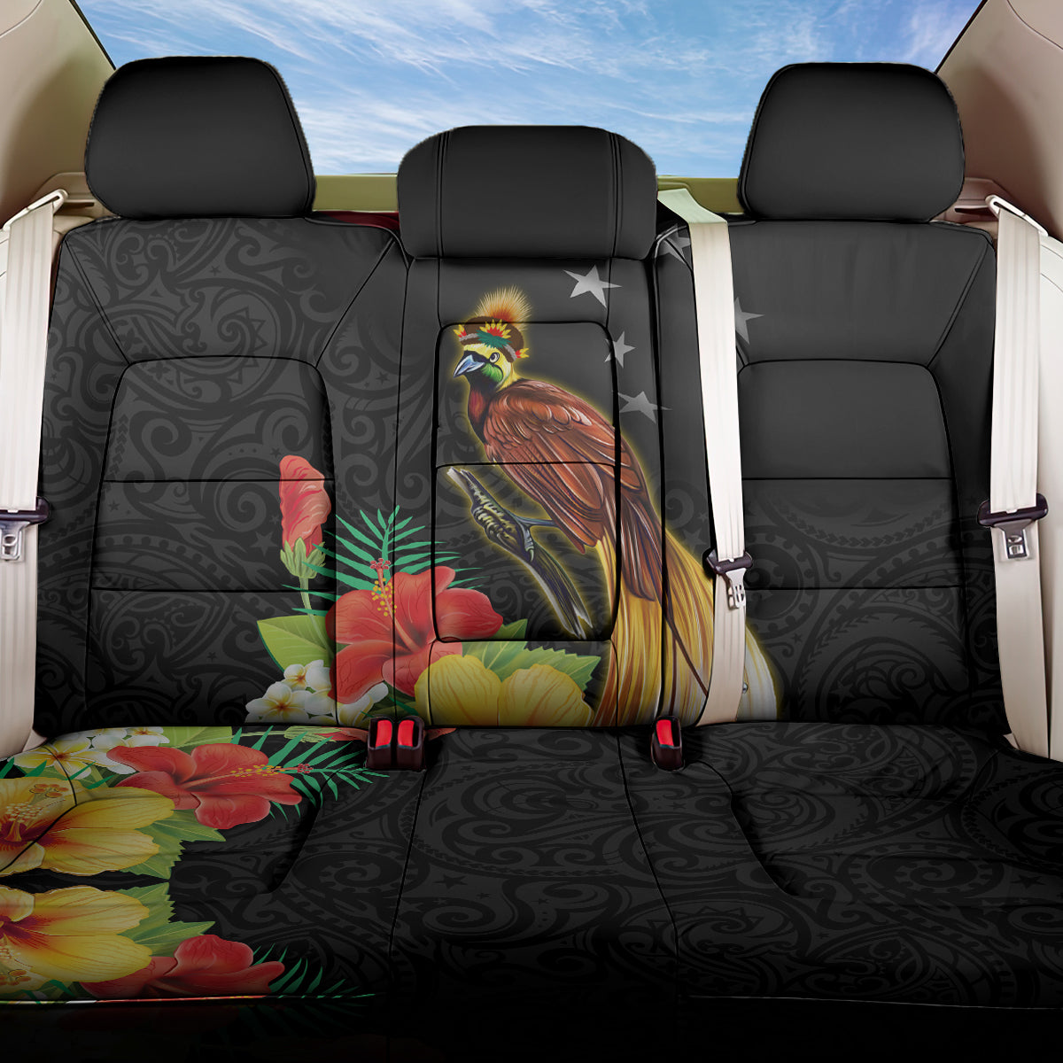 Papua New Guinea Independence Day Back Car Seat Cover PNG Flag and Bird-of-Paradise LT03 One Size Black - Polynesian Pride