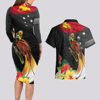 Papua New Guinea Independence Day Couples Matching Long Sleeve Bodycon Dress and Hawaiian Shirt PNG Flag and Bird-of-Paradise LT03 - Polynesian Pride