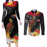 Papua New Guinea Independence Day Couples Matching Long Sleeve Bodycon Dress and Long Sleeve Button Shirt PNG Flag and Bird-of-Paradise LT03 Black - Polynesian Pride