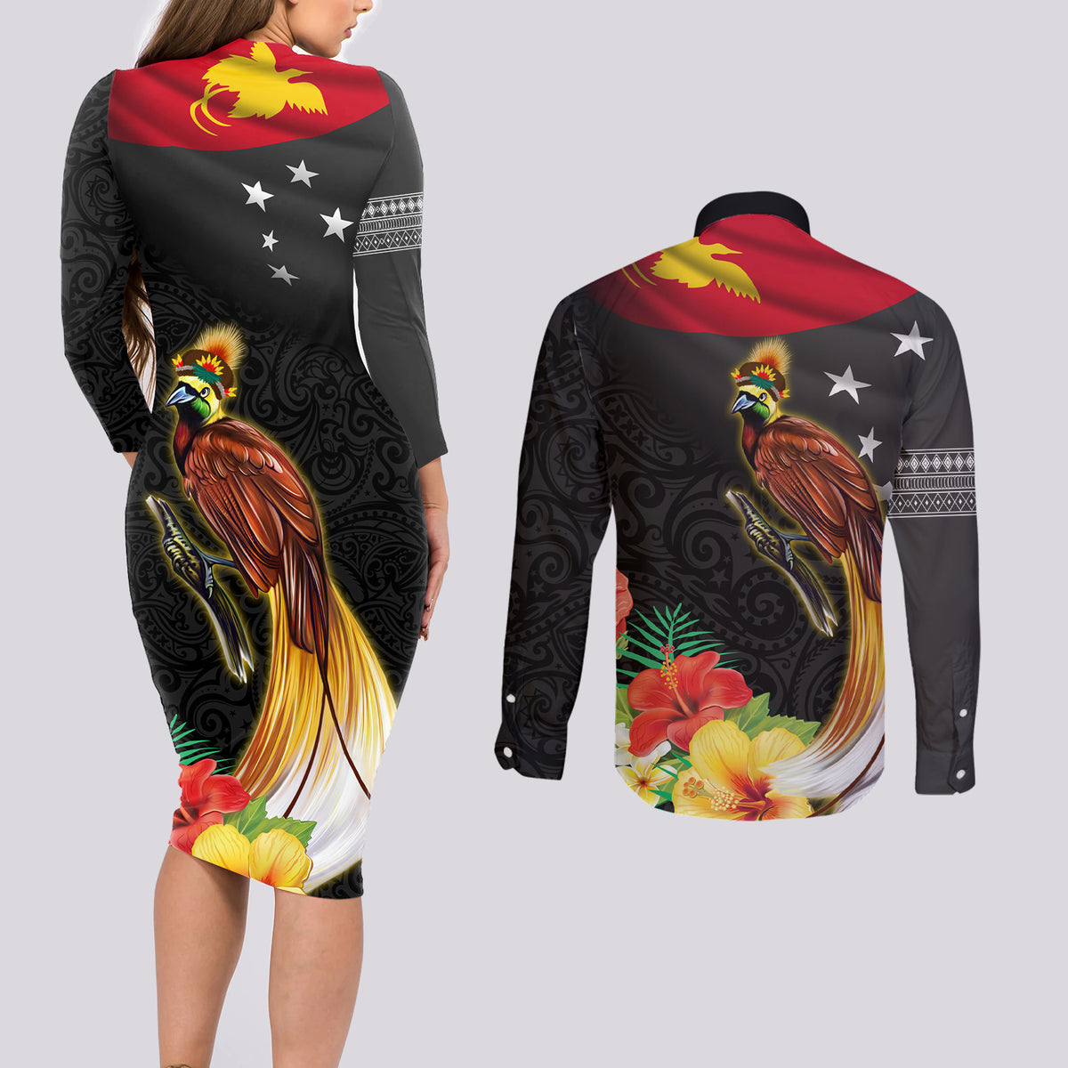 Papua New Guinea Independence Day Couples Matching Long Sleeve Bodycon Dress and Long Sleeve Button Shirt PNG Flag and Bird-of-Paradise LT03 - Polynesian Pride