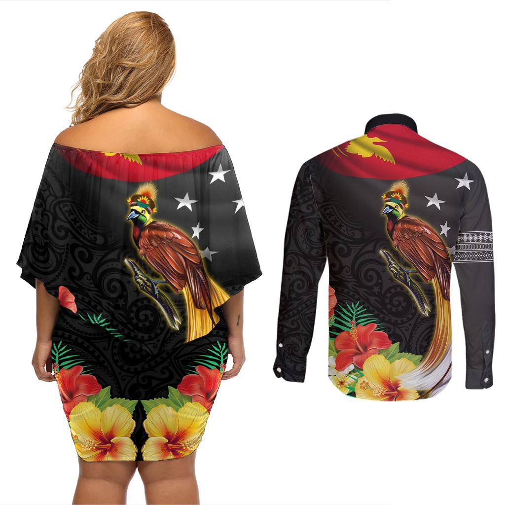 Papua New Guinea Independence Day Couples Matching Off Shoulder Short Dress and Long Sleeve Button Shirt PNG Flag and Bird-of-Paradise LT03 - Polynesian Pride