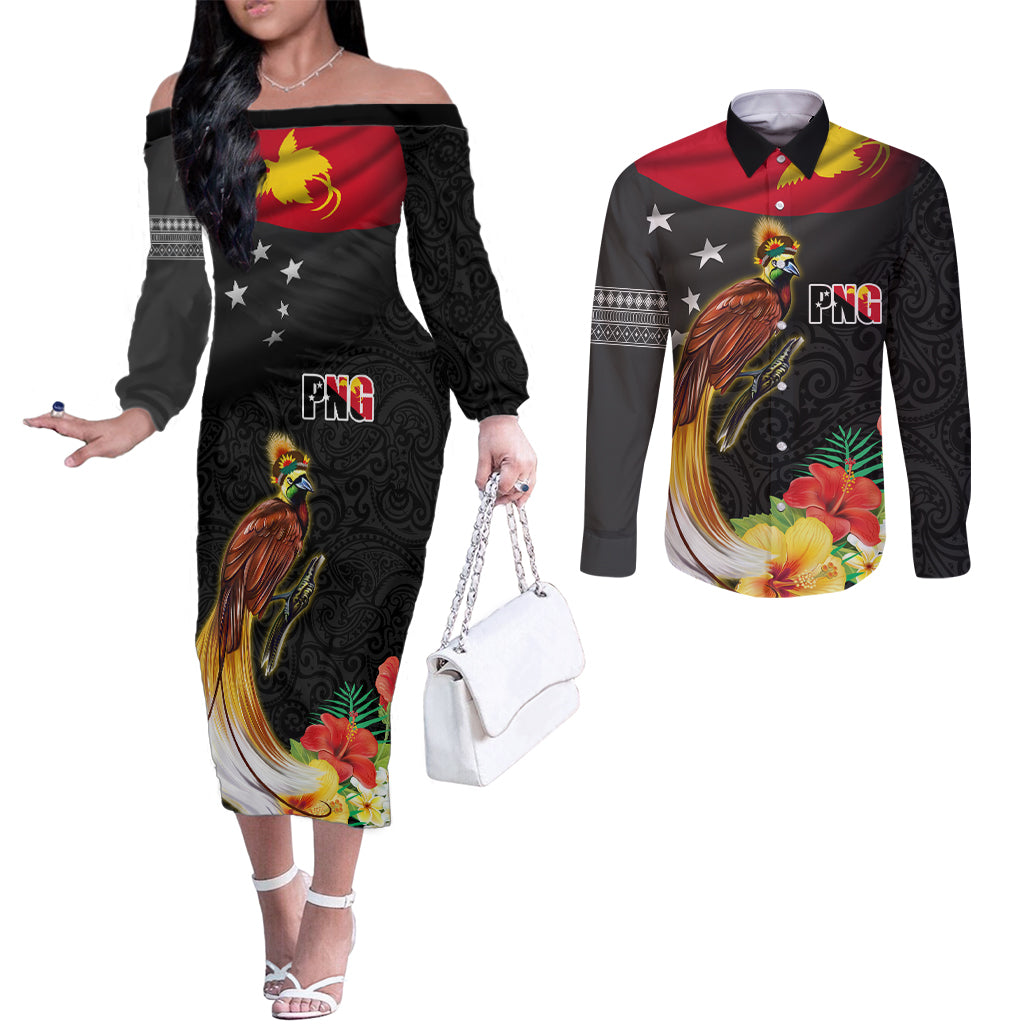 Papua New Guinea Independence Day Couples Matching Off The Shoulder Long Sleeve Dress and Long Sleeve Button Shirt PNG Flag and Bird-of-Paradise LT03 Black - Polynesian Pride