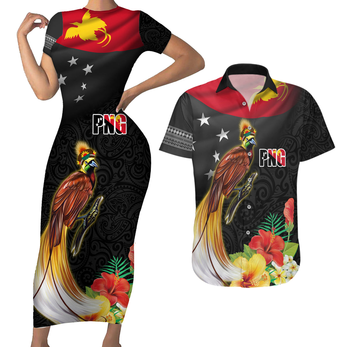 Papua New Guinea Independence Day Couples Matching Short Sleeve Bodycon Dress and Hawaiian Shirt PNG Flag and Bird-of-Paradise LT03 Black - Polynesian Pride