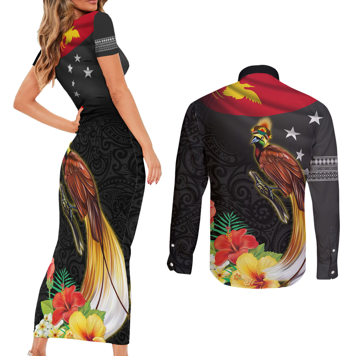 Papua New Guinea Independence Day Couples Matching Short Sleeve Bodycon Dress and Long Sleeve Button Shirt PNG Flag and Bird-of-Paradise LT03 - Polynesian Pride