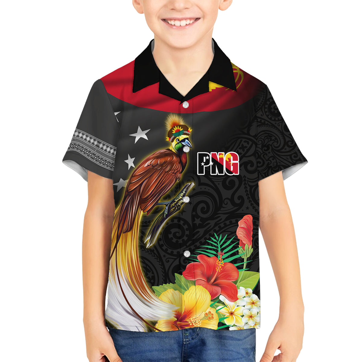 Papua New Guinea Independence Day Family Matching Long Sleeve Bodycon Dress and Hawaiian Shirt PNG Flag and Bird-of-Paradise LT03 Son's Shirt Black - Polynesian Pride