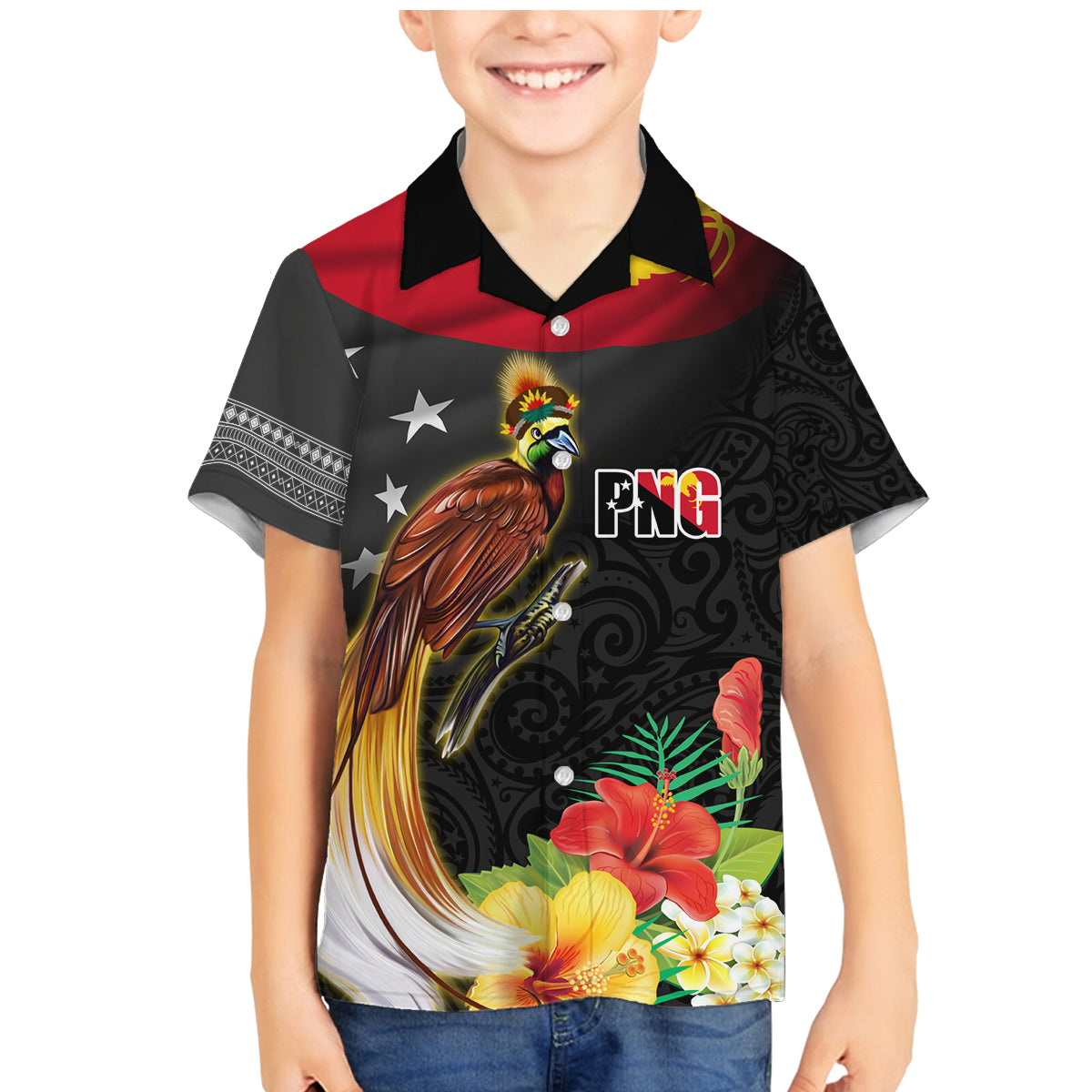 Papua New Guinea Independence Day Family Matching Mermaid Dress and Hawaiian Shirt PNG Flag and Bird-of-Paradise LT03 Son's Shirt Black - Polynesian Pride