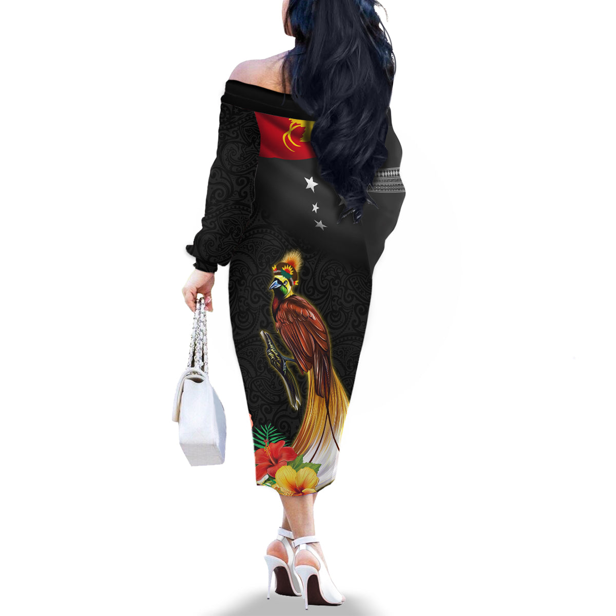 Papua New Guinea Independence Day Family Matching Off The Shoulder Long Sleeve Dress and Hawaiian Shirt PNG Flag and Bird-of-Paradise LT03 - Polynesian Pride