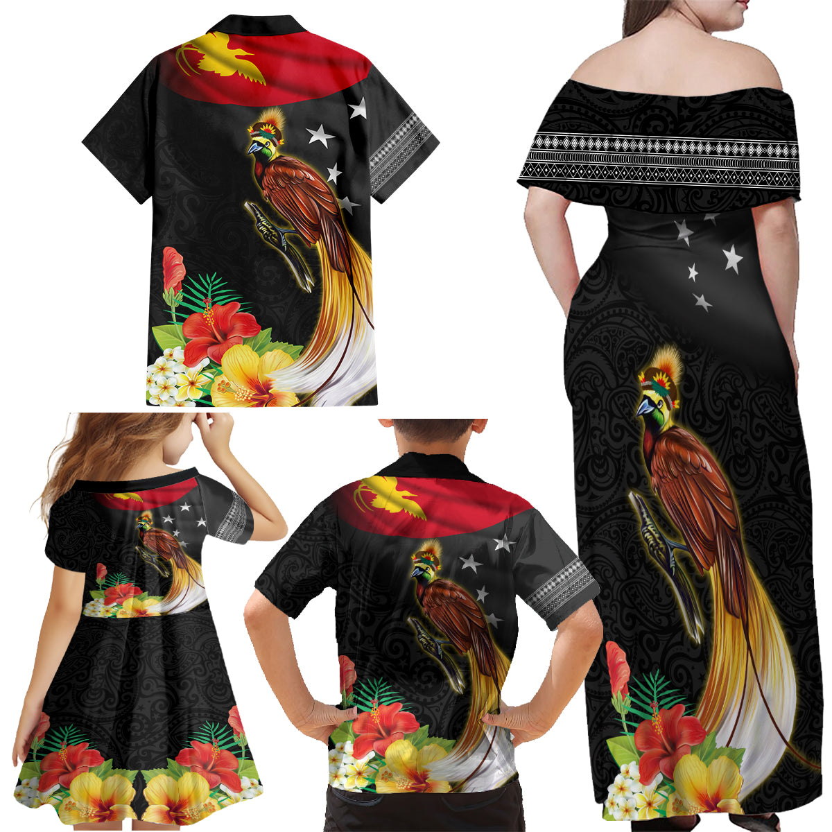 Papua New Guinea Independence Day Family Matching Off Shoulder Maxi Dress and Hawaiian Shirt PNG Flag and Bird-of-Paradise LT03 - Polynesian Pride