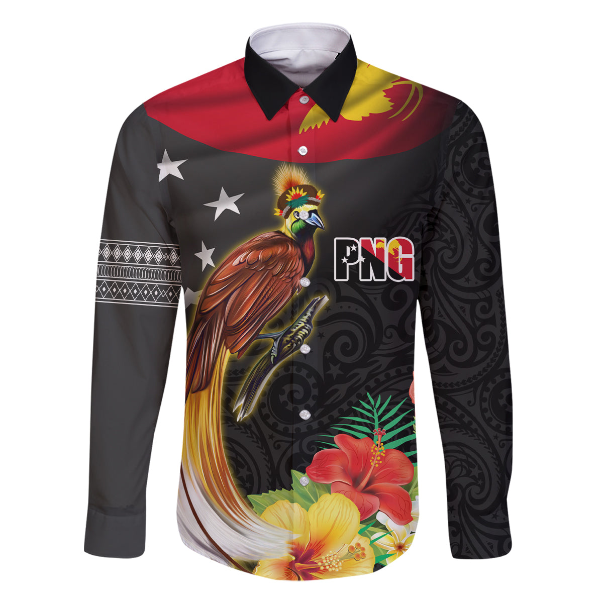 Papua New Guinea Independence Day Family Matching Off Shoulder Maxi Dress and Hawaiian Shirt PNG Flag and Bird-of-Paradise LT03 Dad's Shirt - Long Sleeve Black - Polynesian Pride