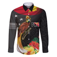 Papua New Guinea Independence Day Family Matching Off Shoulder Maxi Dress and Hawaiian Shirt PNG Flag and Bird-of-Paradise LT03 Dad's Shirt - Long Sleeve Black - Polynesian Pride