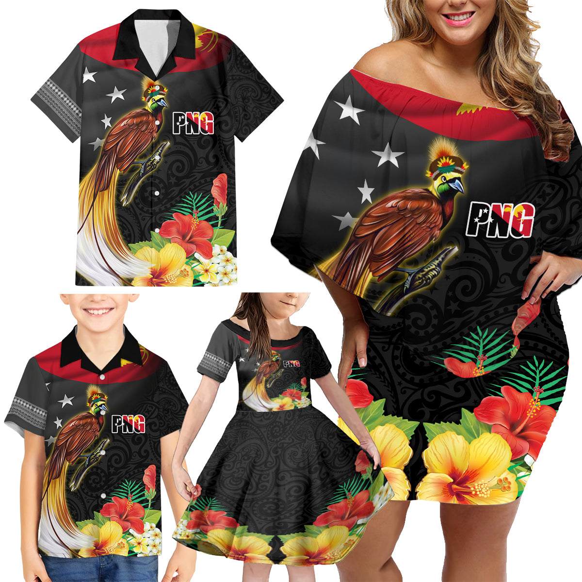 Papua New Guinea Independence Day Family Matching Off Shoulder Short Dress and Hawaiian Shirt PNG Flag and Bird-of-Paradise LT03 - Polynesian Pride