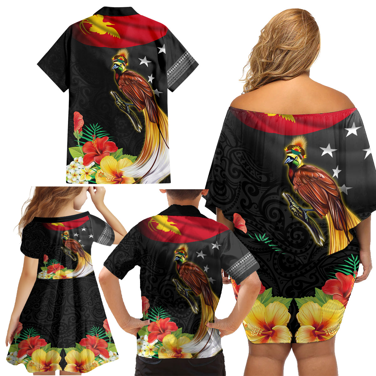 Papua New Guinea Independence Day Family Matching Off Shoulder Short Dress and Hawaiian Shirt PNG Flag and Bird-of-Paradise LT03 - Polynesian Pride