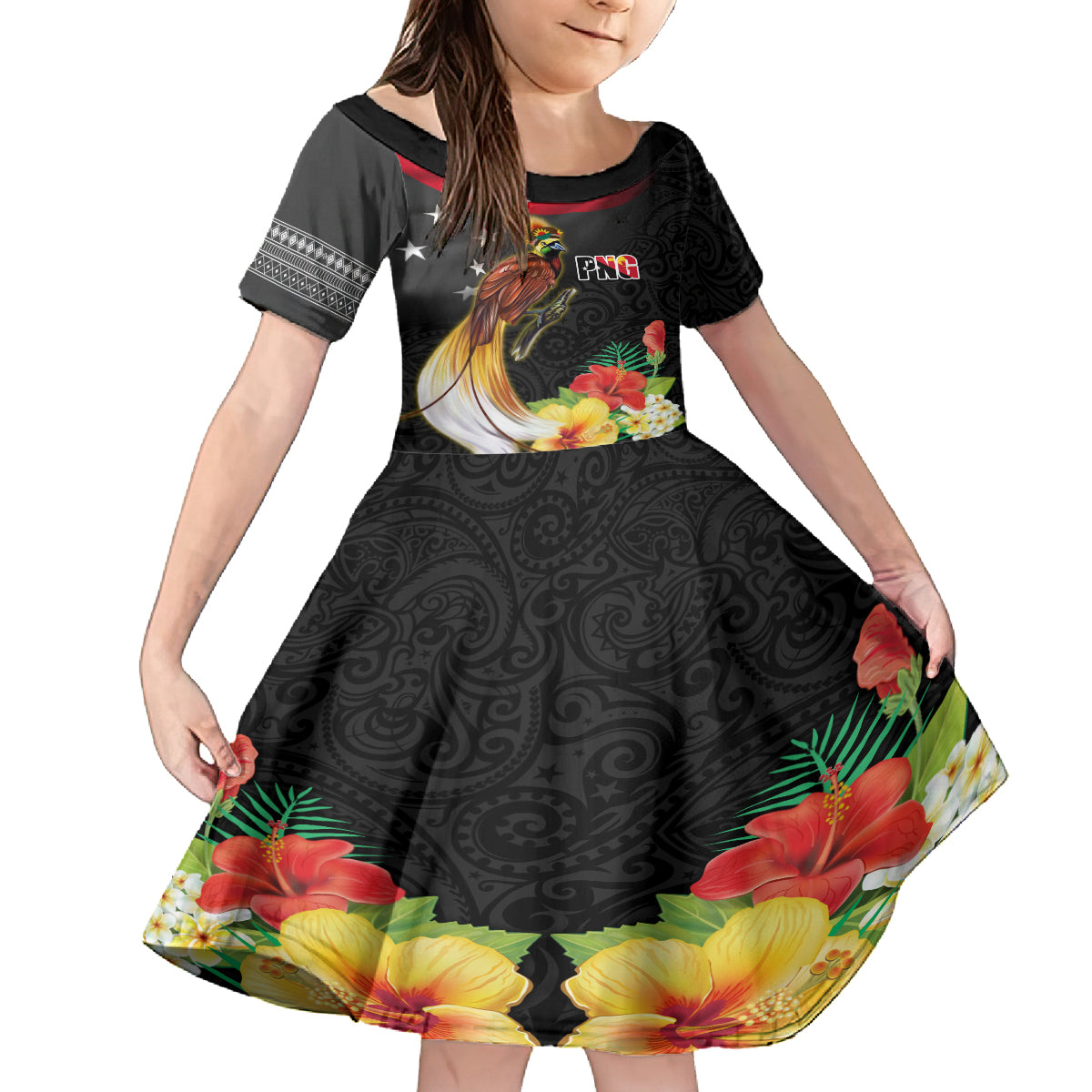 Papua New Guinea Independence Day Family Matching Summer Maxi Dress and Hawaiian Shirt PNG Flag and Bird-of-Paradise LT03 Daughter's Dress Black - Polynesian Pride