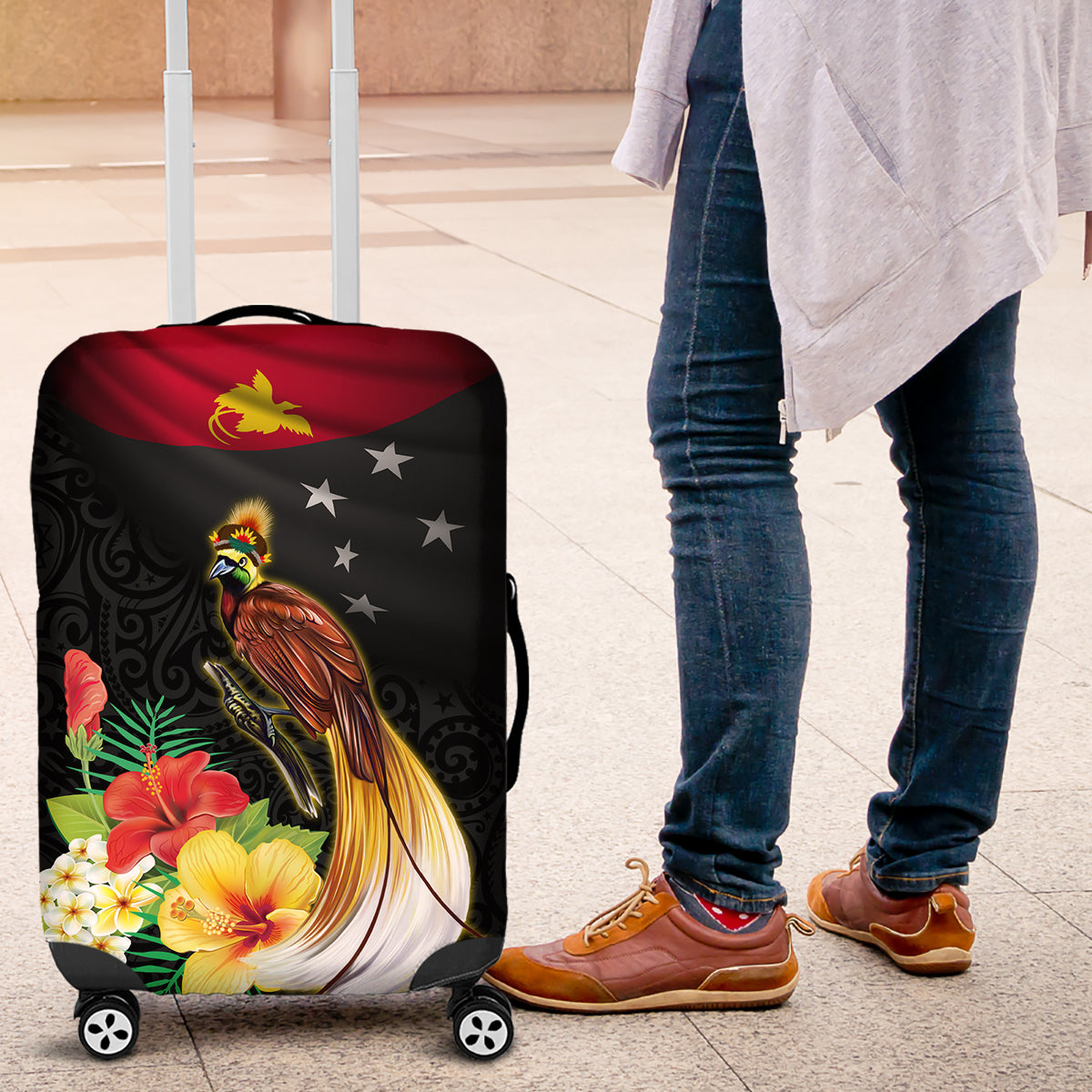 Papua New Guinea Independence Day Luggage Cover PNG Flag and Bird-of-Paradise LT03 Black - Polynesian Pride