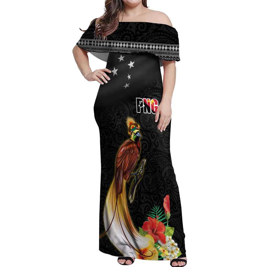 Papua New Guinea Independence Day Off Shoulder Maxi Dress PNG Flag and Bird-of-Paradise LT03 Women Black - Polynesian Pride